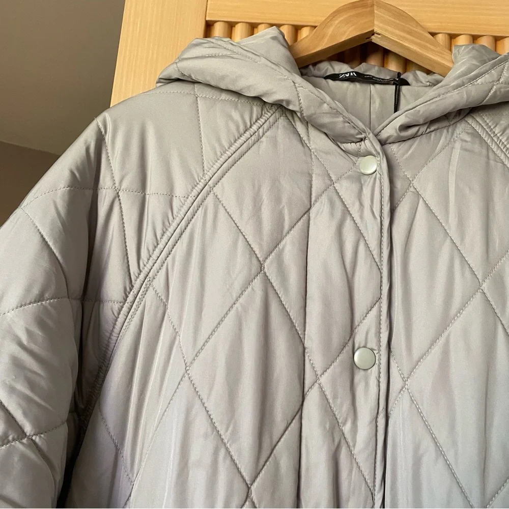 Zara long quilted puffer coat with hood stone grey - Picture 7 of 16